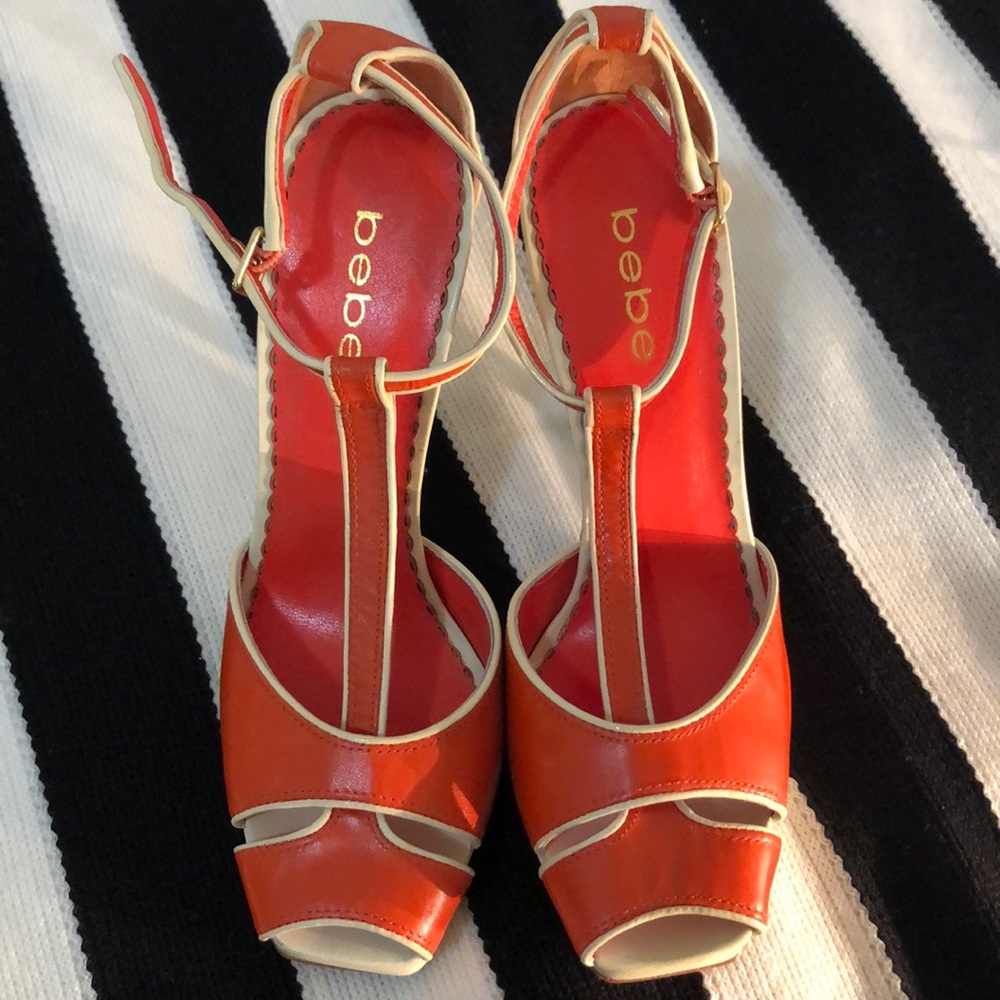 Orange and Beige Bebé heels. Size 7